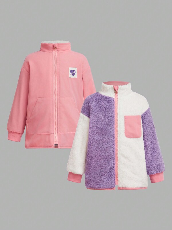 SHEIN Young Girls Thick Warm Color Block Fleece Reversible Cardigan With Stand Collar, Sporty Style Outerwear