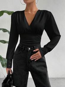 SHEIN Essnce 女士休闲纯色 V 领褶皱长袖紧身衣，秋季 - 黑色 - 查看 6