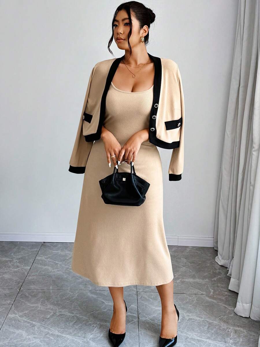 SHEIN Unity Plus Size Contrast Trim Button Front Long Sleeve Top And Sleeveless Dress Elegant 2Pcs Set - Khaki - View 1