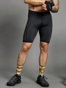 Manfinity Sport Corelite 纯色弹力腰带运动骑行短裤，夏季黑色短裤 - 黑色 - 查看 1