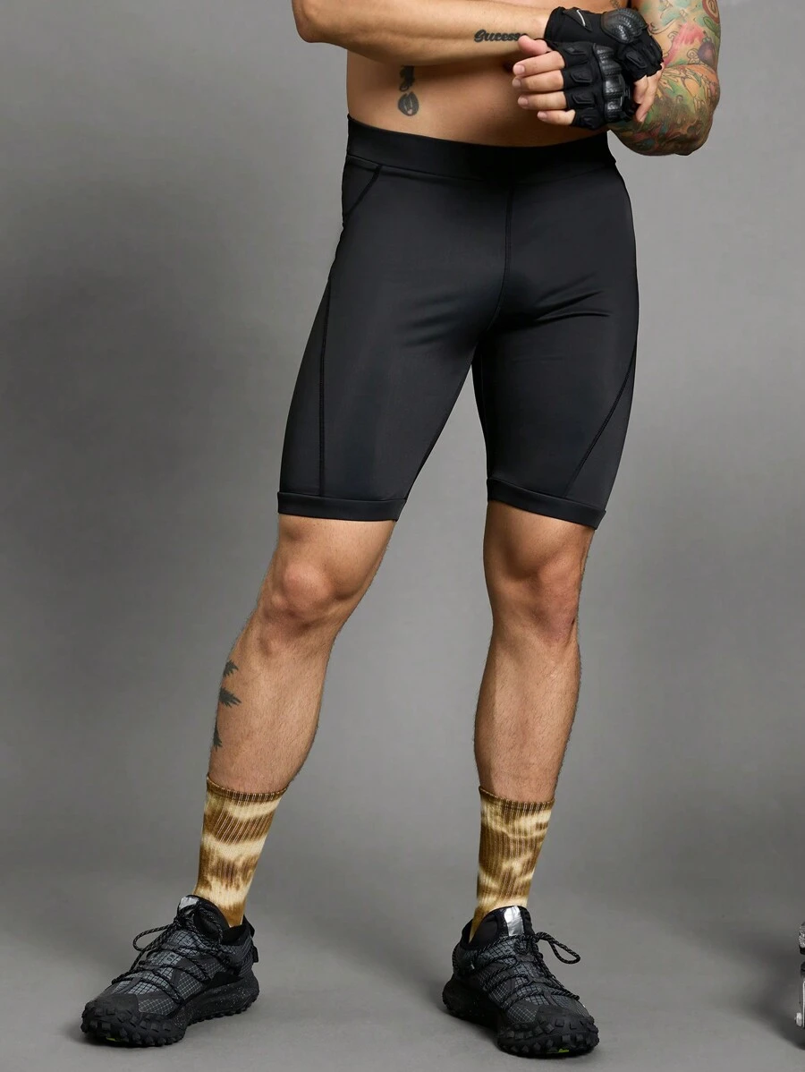 Manfinity Sport Corelite 纯色弹力腰带运动骑行短裤，夏季黑色短裤 - 黑色 - 查看 1