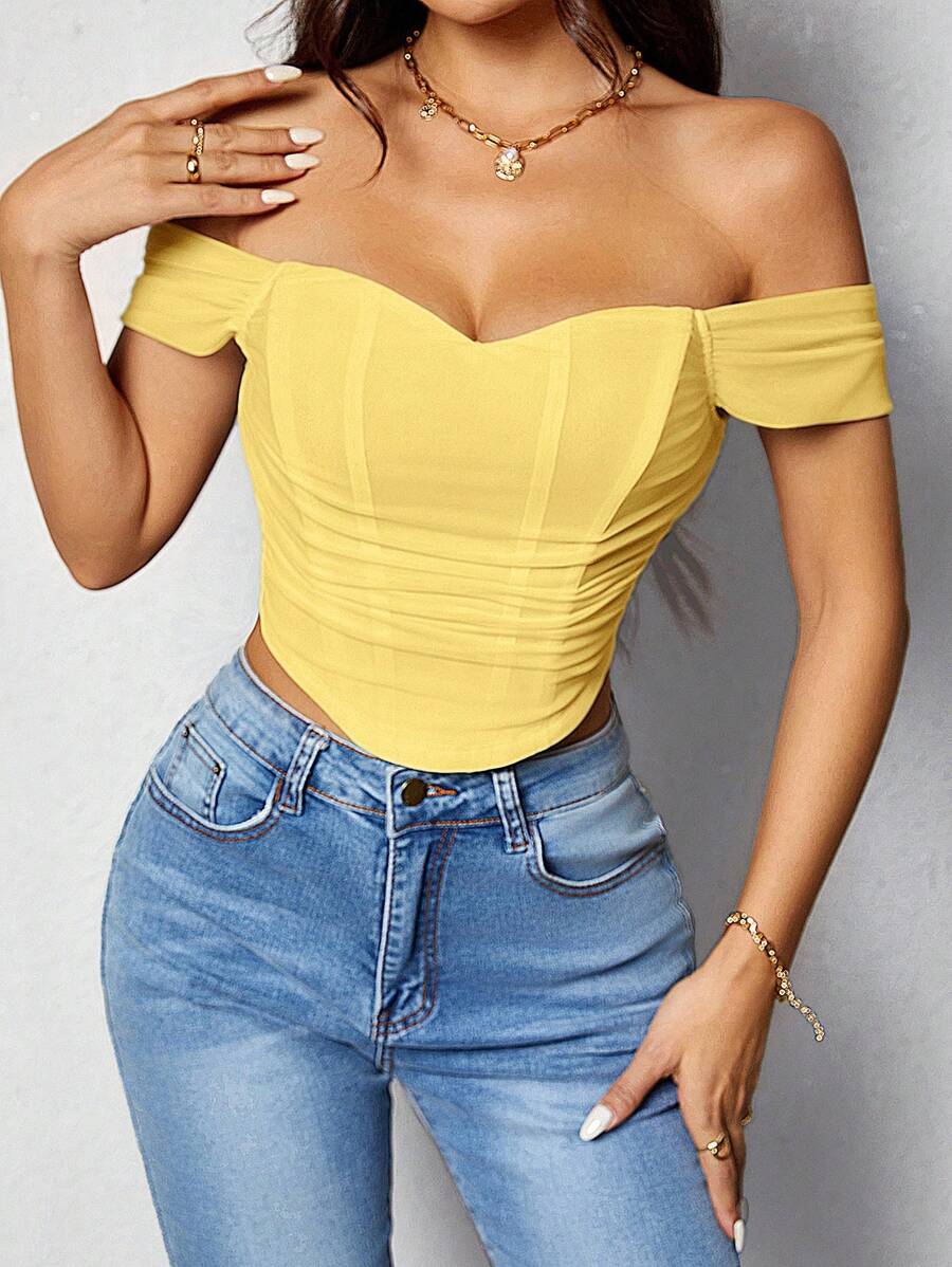 SHEIN PETITE 1 chiếc áo cánh trễ vai màu trơn ôm vừa vặn cho nữ - Màu vàng - Xem 1