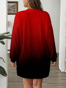 SHEIN LUNE RED Gradient Color Pattern Round Neck Plus Size Women Long Hoodie Dress, Autumn/Winter