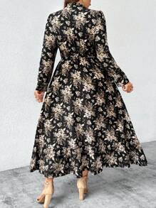 SHEIN Clasi Random Floral Cut Out Lace Up Collar Frill Trim Drop Shoulder Puff Sleeve A-Line Plus Size Dress Fall Cloth For Women - Black - View 2