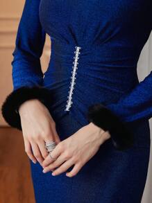 Modelyn Pleated Round Neck Knitting Belt Women's Mid-Length Dress Long Evening Dresses Fall Cloth For Women - Blue - View 5