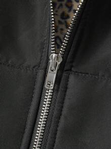 SHEIN 大码休闲豹纹撞色拼布连帽大衣 - 黑色 - 查看 5