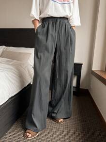 DAZY Women Casual Plain Tie Front Pocket Loose Fit Lounge Bottoms Pajama - Dark Grey - View 5