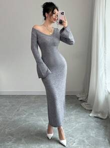 Elenzga Tiefer V-Ausschnitt Glockenärmel eng anliegendes langärmliges Cardigan Kleid, eleganter, lässiger und bequemer Damen Sweater Kleid - Grau - Übersicht 3