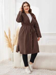 Mulvari 大码女式春秋季纯色落肩长袖抽绳腰袋休闲夹克 - 黑色 - 查看 4