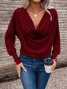 SHEIN Clasi Draped Collar Batwing Sleeve Tee Fall Cloth For Women - Burgundy - View 3