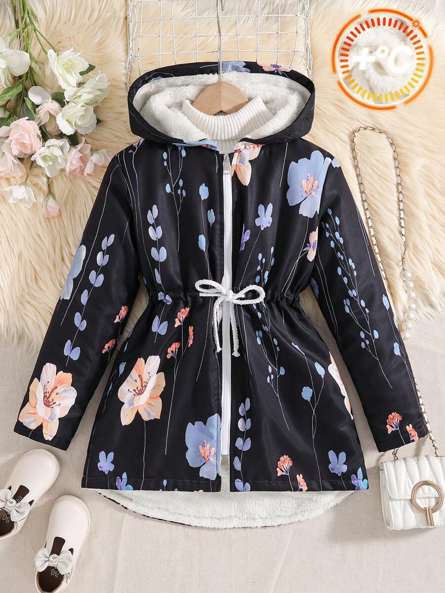 Tween Girl Floral Print Zip-Up Fleece Hoodie Jacket - Black - View 1