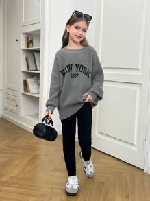 SHEIN Leap Crew Áo len hở vai quá khổ phong cách đường phố giản dị theo phong cách trường học Mỹ tối giản với khẩu hiệu & đồ họa hoạt hình, màu xám - Màu Xám nhạt - Xem 5