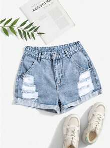 SHEIN EZwear Solid Color Distressed Pocket Casual Versatile Denim Shorts - Light Wash - View 3