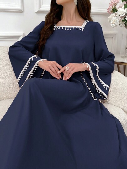 Al Najma 1 件女式优雅仿珍珠流苏喇叭袖连衣裙，秋季