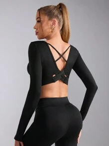 Slayform Slayform T-shirt de sport court à dos croisé pour femmes, couleur unie - Noir - Voir 2