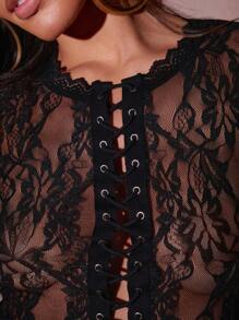 Hauture Winter Women Clothes, Elegant Sheer Black Lace Corset Long Sleeve Top With Front Tie Up. For Going Out, Concerts, Festivals,Party, Holiday