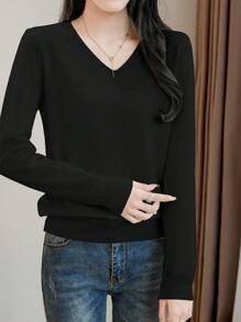 EMERY ROSE Women Casual Solid Color V-Neck Sweater, Autumn/Winter, Long Sleeve Top Knit Pullover Fall - Black - View 3