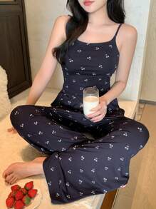 DAZY Allover Print Asymmetrical Fitted Camisole & Loose Straight Leg Pants Sleepwear Set