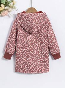 SHEIN 年轻女孩连帽长袖纽扣前部全花卉印花时尚外套 - 鏽棕色 - 查看 2