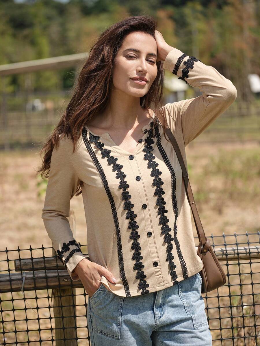 LanaWest Women's Casual Long Sleeve Round Neck T-Shirt, Contrasting Shoulder, Faux Placket Buttons, Floral Cuff & Hem Trim, Knitted Fabric, Black & Apricot, Autumn/Winter