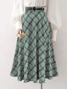 Quần dài thường ngày thắt lưng họa tiết kẻ caro dành cho nữ & chân váy chữ A cổ điển - màu xanh lá - Xem 2