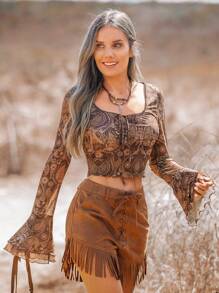 SHEIN VCAY 度假针织网眼印花喇叭袖上衣，棕色，长袖上衣 - 棕色 - 查看 3