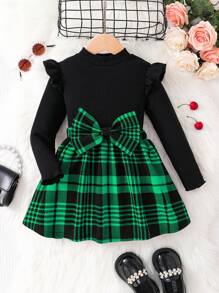 Young Girl 2 Pcs / Sets Cute Plaid Patchwork School Style Outfits , Ruffle Long Sleeve Mock Neck Knit Tee Top & Big Bowknot Detail Skirt,Great For Casual & Daily Wear & School Daily In Autumn & Winter, For Christmas