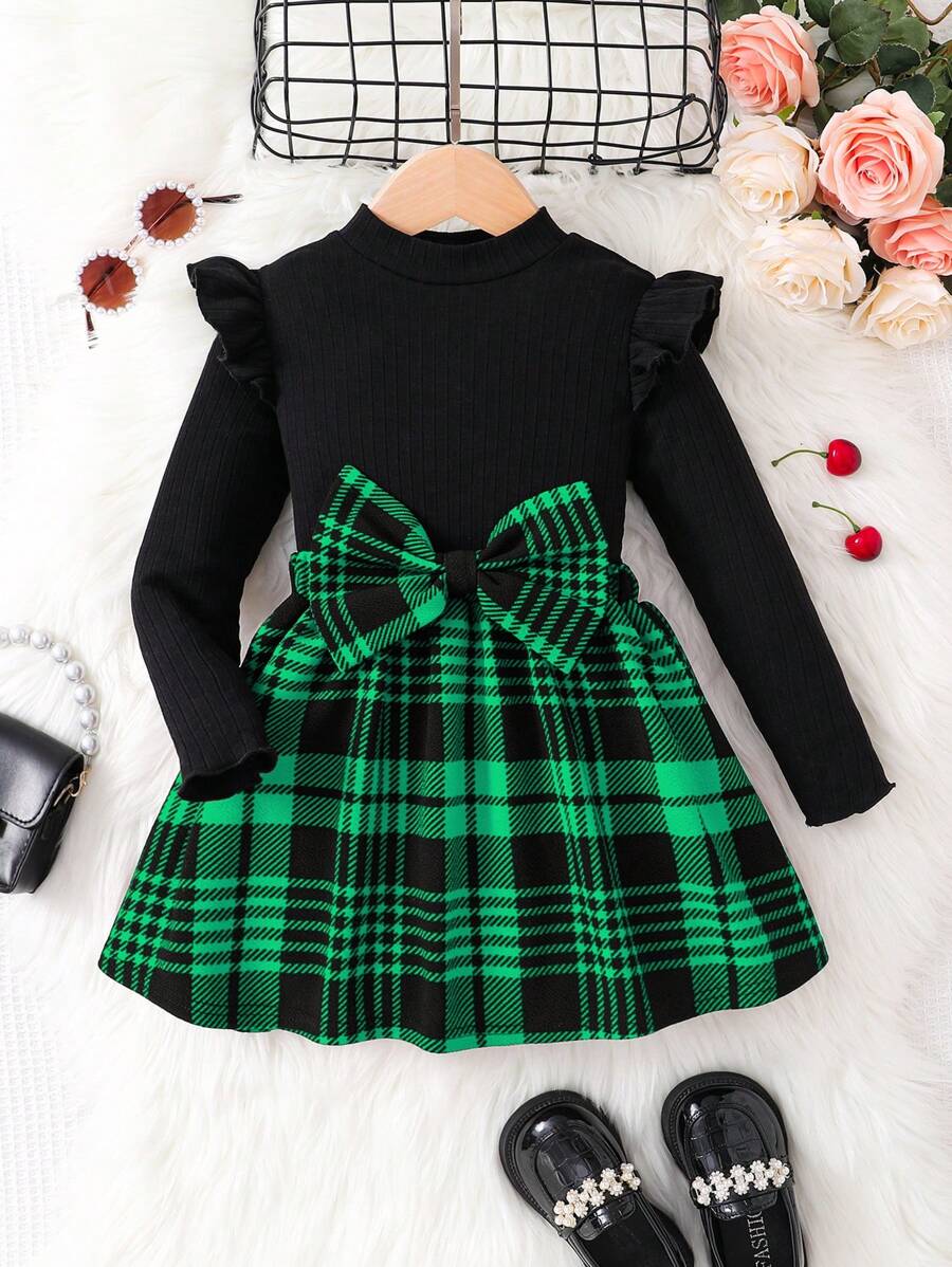 Young Girl 2 Pcs / Sets Cute Plaid Patchwork School Style Outfits , Ruffle Long Sleeve Mock Neck Knit Tee Top & Big Bowknot Detail Skirt,Great For Casual & Daily Wear & School Daily In Autumn & Winter, For Christmas