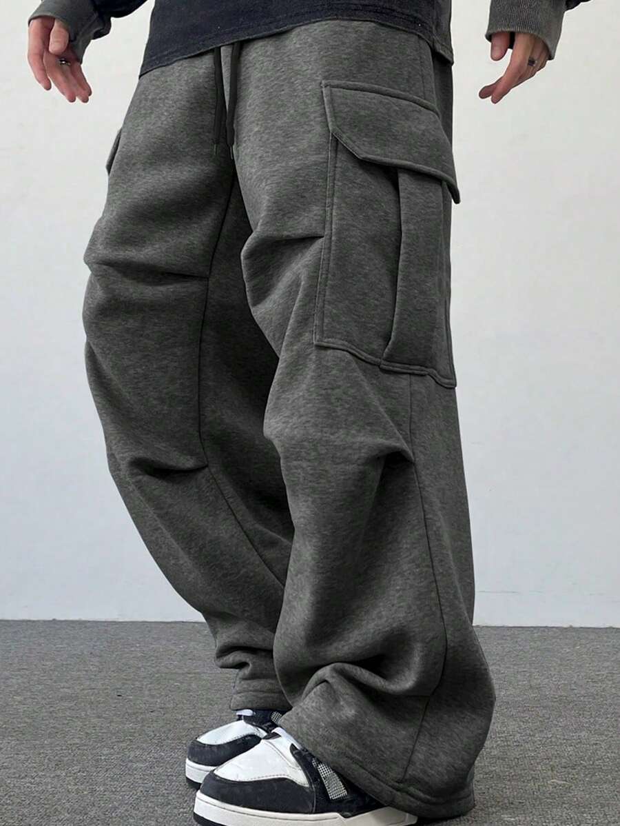 Claim Dot 1 件男士纯色休闲口袋宽松工装运动裤，灰色工装裤，宽松灰色运动裤，男士超大裤 - 深灰色 - 查看 1