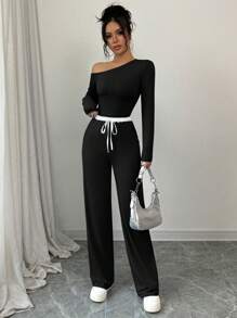 Calvaya Women Casual 2pcs Set: Oblique Shoulder Elastic Top And Contrast Waist Band Elastic Pants