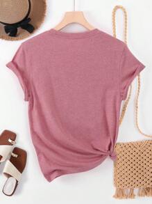 INAWLY 休闲简约字母印花圆领短袖 T 恤图案 T 恤女式上衣 - 藕粉色 - 查看 2