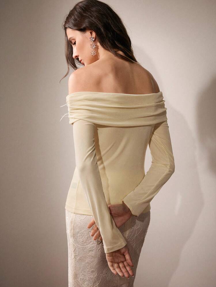 Light Yellow Off Shoulder Shirt, Feather & Rhinestone Floral Print Elastic Fitted Blouse