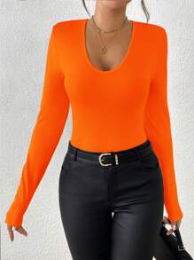 INAWLY 1 件 V 领长袖修身 T 恤，休闲纯色，秋季 - 橘色 - 查看 3