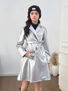 SHEIN Tween Girls' Casual Loose Minimalist Fashion Raglan Waist PU Leather Trench Coat