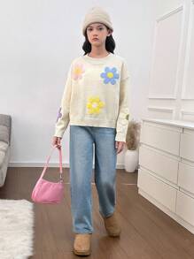 Tween Girls' Apricot All-Matching 3D Floral Cute Casual Loose Comfortable Sweater For Winter
