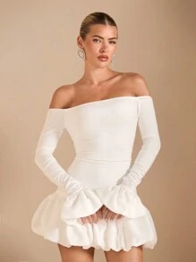 SHEIN BAE 1 件女士优雅露肩拼布荷叶边迷你连衣裙，性感别致鸡尾酒会礼服，适合浪漫约会、派对、正式聚会、夜间外出、伴娘礼服、万圣节、圣诞派对、女神礼服、秋冬季 - 白色 - 查看 7