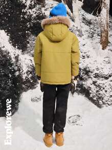 SHEIN Tween Boy 拼接长袖连帽休闲中长款毛领夹棉大衣