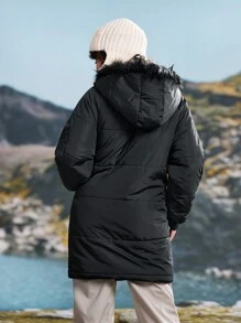 SHEIN 冬季男士連帽加厚保暖大尺寸韓版休閒絎縫外套，情侶款 - 黑色 - 查看 2