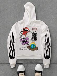 Manfinity EMRG Men's Casual Letter Print Drawstring Hoodie Sweatshirt For Autumn - White - View 1