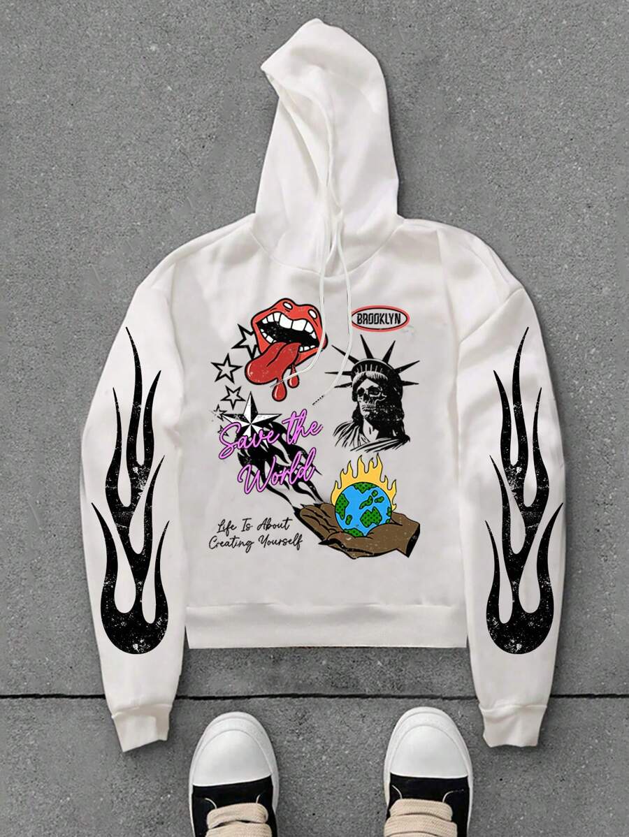 Manfinity EMRG Men's Casual Letter Print Drawstring Hoodie Sweatshirt For Autumn - White - View 1