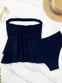Swim Mod Women's Summer Beach Solid Color Strapless Tankini Set - Navy Blue - View 4