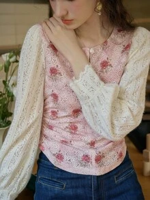 Simple Retro Women's Round Collar Full Print Rose Shirt - Pink - View 4