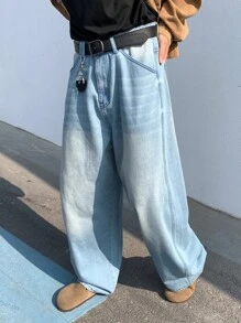 Manfinity Hypemode Men's Light Blue Washed Wide Leg Jeans, Long Oversize Jeans, For Husband, Boyfriend Gifts