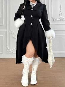 Flirla Women Plus Size Asymmetrical Hem Turtleneck Casual Elegant Mid-Length Black Coat, Warm And Cozy For Autumn/Winter Fall Cloth For Women - Black - View 5