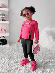 SHEIN 2 pièces Ensemble Top col rond imprimé de lettres slogans et bas ajustés à ourlet franges, style mode de rue minimaliste décontracté pour bébé fille, convient au port en extérieur