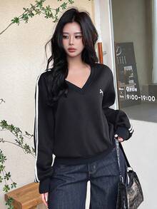 SHEIN EZwear Áo nỉ rộng rãi họa tiết nơ cổ chữ V kẻ sọc đơn giản cho nữ, mùa thu - màu đen - Xem 7