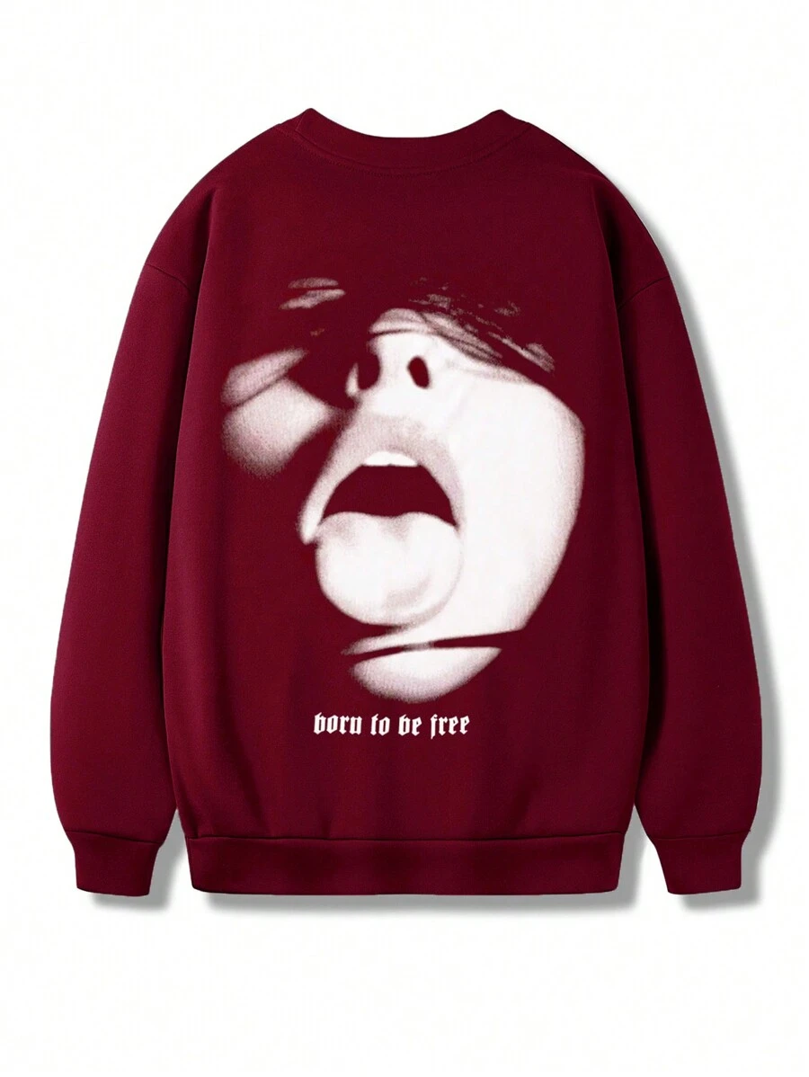 Manfinity EMRG Men's Fall Casual Daily Portrait And Letter Printed Crew Neck Sweatshirt - Red - View 1