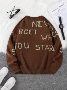 Manfinity Hypemode Men's Round Neck Long Sleeve Letter Print Detail Casual Sweater - Brown - View 2