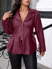 Celure Áo khoác dài tay giản dị có khóa kéo viền bèo nhún cỡ lớn, mùa đông - Màu Đỏ Sâu - Xem 5