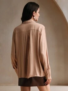 Anewsta Áo sơ mi dài tay cổ bẻ màu kaki đính sequin và vải tan trong nước thanh lịch cho mùa thu năm mới - Màu Khaki - Xem 5